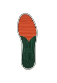 Schuhsohle aus Gummi; verfügt über ein orange-grünes Farbschema, strukturierte Rillen und ein Markenlogo in der Mitte. Größe 42 sichtbar.