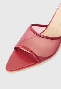 Red high-heeled shoe featuring a mesh upper with a pointed toe design. Includes a wide strap and sleek, smooth textures.