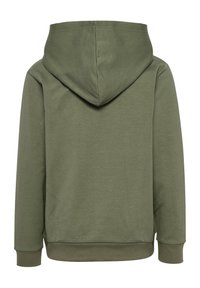 Olivgrüner Hoodie mit einer Kordelzugkapuze, gerippten Bündchen und Saum. Hergestellt aus glattem Stoff ohne sichtbare Logos oder Muster auf der Rückseite.
