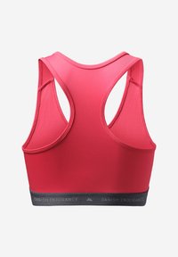 Punainen urheiluliivi, jossa on urheilullinen selkädesign, varustettuna teksturoidulla harmaalla elastisella vyöllä, jossa lukee "DANISH ENDURANCE" alareunassa.