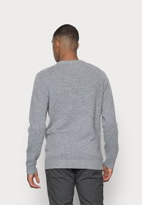 Grå strikkegenser med rund hals, ribbede mansjetter og kant, med en myk tekstur. Brukt over mørke bukser, sett fra bak.