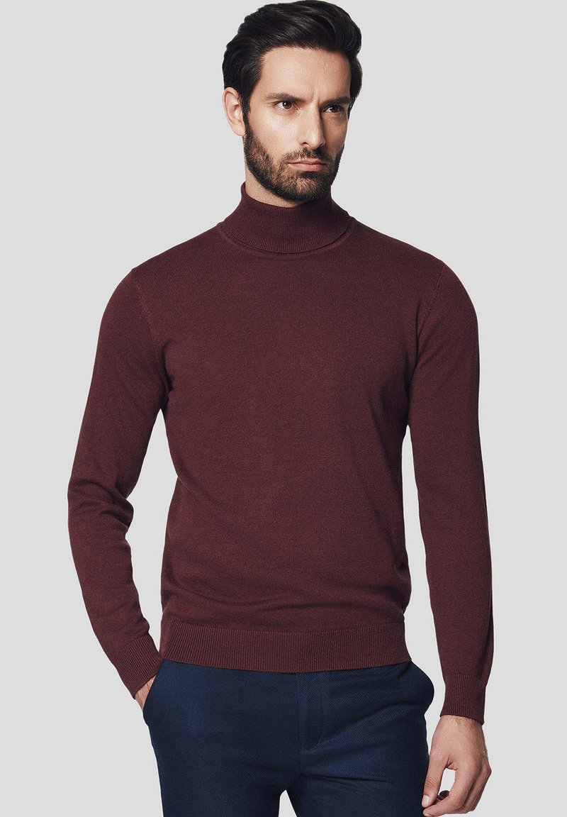 Burgundowa sweter z golfem w gładkiej dzianinie, z długimi rękawami i dopasowanym krojem. Noszony z ciemnoniebieskimi spodniami.