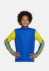 Maglietta atletica blu a maniche lunghe con maniche gialle, dotata di colletto con zip a un quarto e tre strisce gialle su ogni braccio.