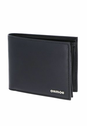 Portefeuille noir en cuir bifold avec bords cousus et petit logo argenté « oxmox » en bas à droite.