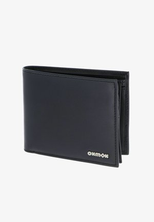 Portefeuille noir en cuir bifold avec bords cousus et petit logo argenté « oxmox » en bas à droite.