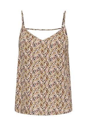 Top da donna senza maniche con spalline sottili e motivo a chevron astratto diagonale marrone, rosa e nero su tutto il tessuto.