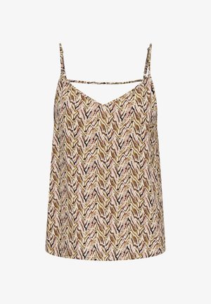 Top da donna senza maniche con spalline sottili e motivo a chevron astratto diagonale marrone, rosa e nero su tutto il tessuto.