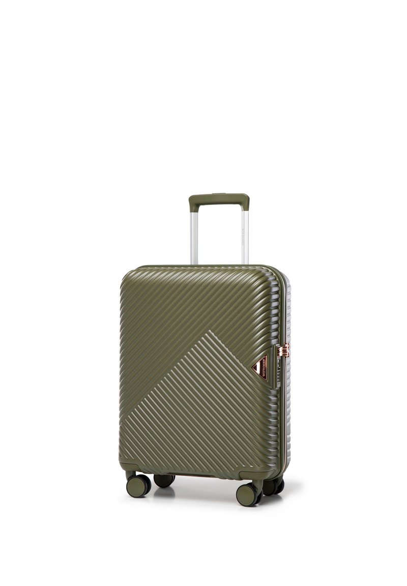 Hartschalen-Koffer in Olivgrün mit diagonalen Rillen, vier drehbaren Rollen und ausgezogenem Teleskopgriff.