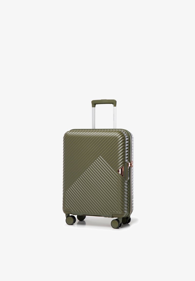 Hartschalen-Koffer in Olivgrün mit diagonalen Rillen, vier drehbaren Rollen und ausgezogenem Teleskopgriff.
