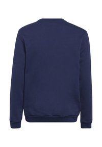 Sudadera de color azul marino con mangas largas, cuello redondo, puños y dobladillo de canalé, hecha de una tela suave con una textura lisa.