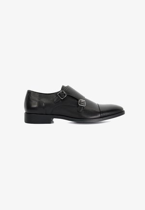 Black leather monk strap dress shoe with double silver buckles and low heel, shown from the outer side on a white background.