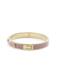 Gold-tone bangle bracelet with a smooth, light pink enamel band and a flower accent embellished with a small sparkling stone.