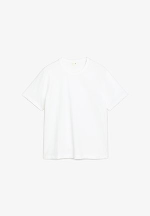 Weißes Baumwoll-T-Shirt mit kurzen Ärmeln, Rundhalsausschnitt, gerader Schnitt. Glatte Textur, keine sichtbaren Muster oder Akzente. Einfaches und minimalistisches Design.