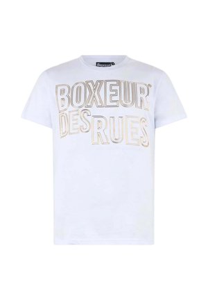 Maglietta bianca a maniche corte con grande scritta oro contornata "BOXEUR DES RUES" sul petto, collo a giro.