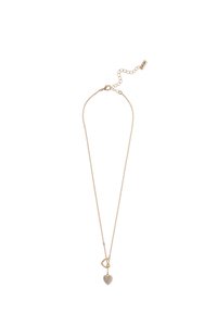 Gold-toned necklace with a chain design, featuring a heart pendant adorned with small sparkling stones and a lobster clasp closure.