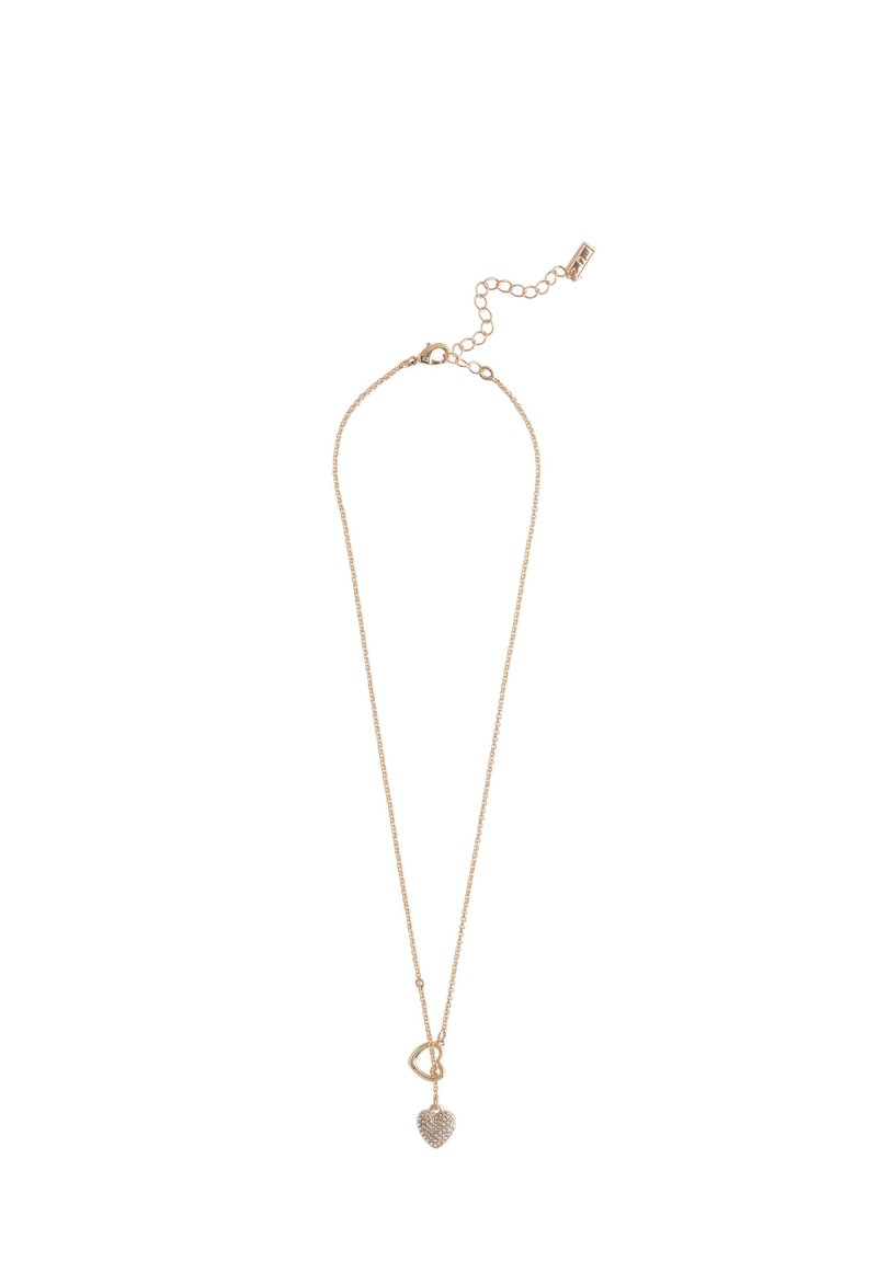 Gold-toned necklace with a chain design, featuring a heart pendant adorned with small sparkling stones and a lobster clasp closure.