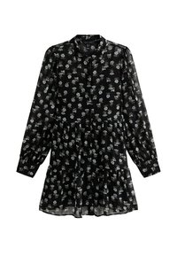 Black dress with long sleeves, floral pattern in light blue and white, collared neckline, tiered skirt, smooth fabric, and slightly sheer texture.