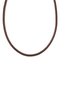 Brun flettet læderhalskæde med en glat overflade og et fleksibelt design, der har en simpel, rund form.