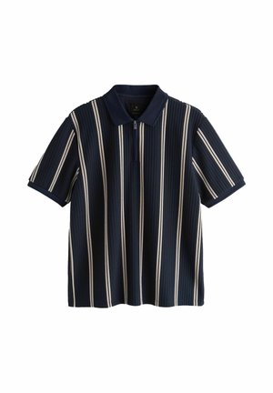 Polo à manches courtes bleu marine avec des rayures verticales blanches et une fermeture éclair au col, tissu texturé côtelé.