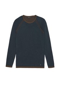 Camisa de manga larga azul oscuro con mangas raglán. Cuello y dobladillo de canalé marrón en contraste. Material de algodón, diseño sencillo, sin patrones ni gráficos.