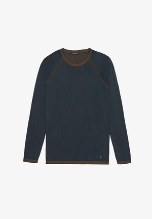 Dunkelblaues Langarmhemd mit Raglanärmeln. Kontrastierender brauner gerippter Ausschnitt und Saum. Baumwollmaterial, schlichtes Design, keine Muster oder Grafiken.