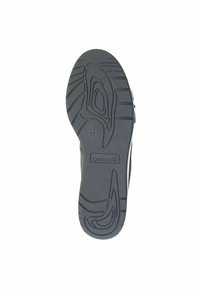 Czarna gumowa podeszwa buta z teksturowanymi wzorami gripu, logo, rozmiar 37 i lekki łuk dla wsparcia.