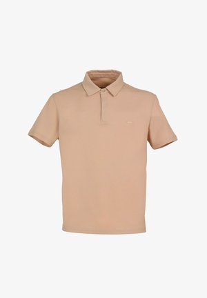 Polo beige a maniche corte in cotone, con colletto, abbottonatura e logo ricamato minimalista sul petto.