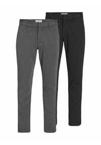 Two pairs of classic pants: one grey cotton blend, one black cotton blend. Both feature a tailored design with belt loops and a smooth finish.
