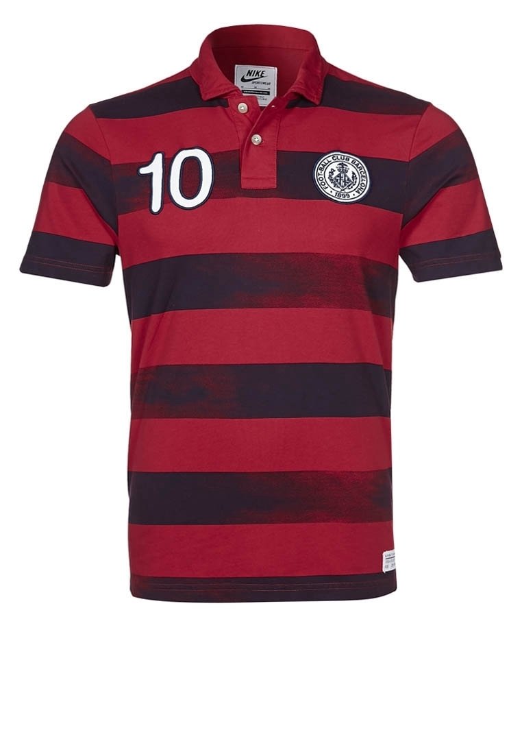 Red and dark blue striped polo shirt with short sleeves, buttoned collar, large white "10" on front, and a logo patch on the left chest.