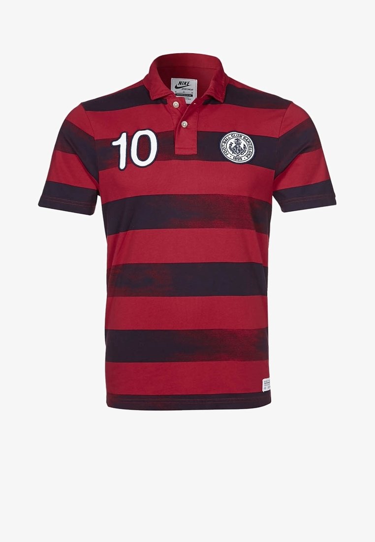 Red and dark blue striped polo shirt with short sleeves, buttoned collar, large white "10" on front, and a logo patch on the left chest.