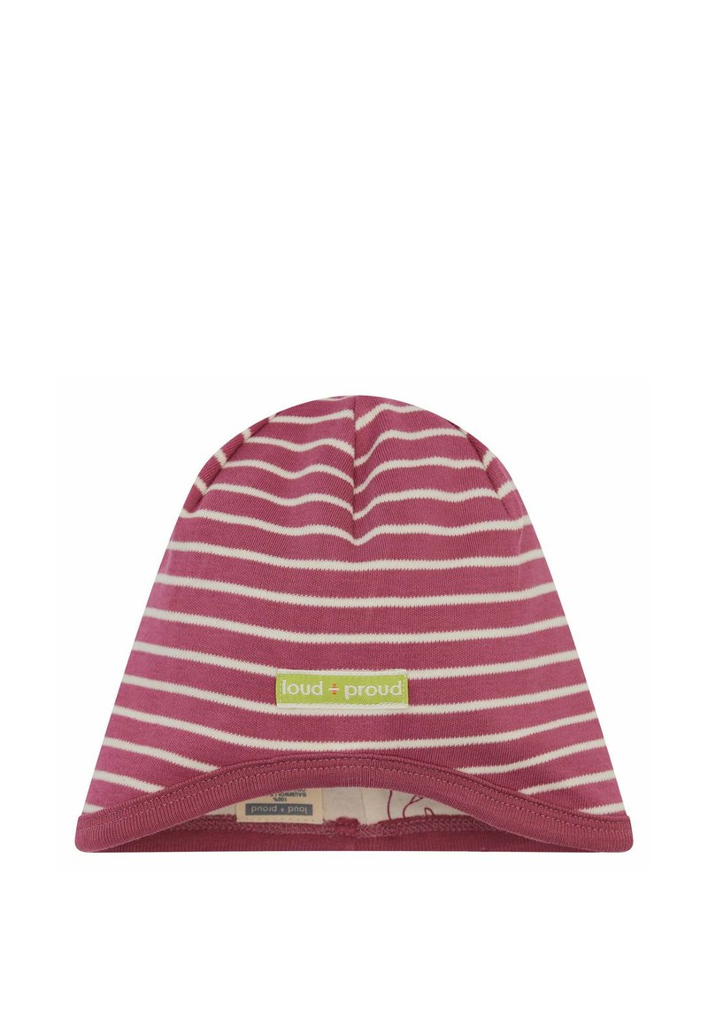 Gestreepte beanie muts in roze en crème, gemaakt van zacht materiaal. Kenmerkt een groen label met het "loud + proud" logo. Vloeiende textuur, strakke pasvorm.