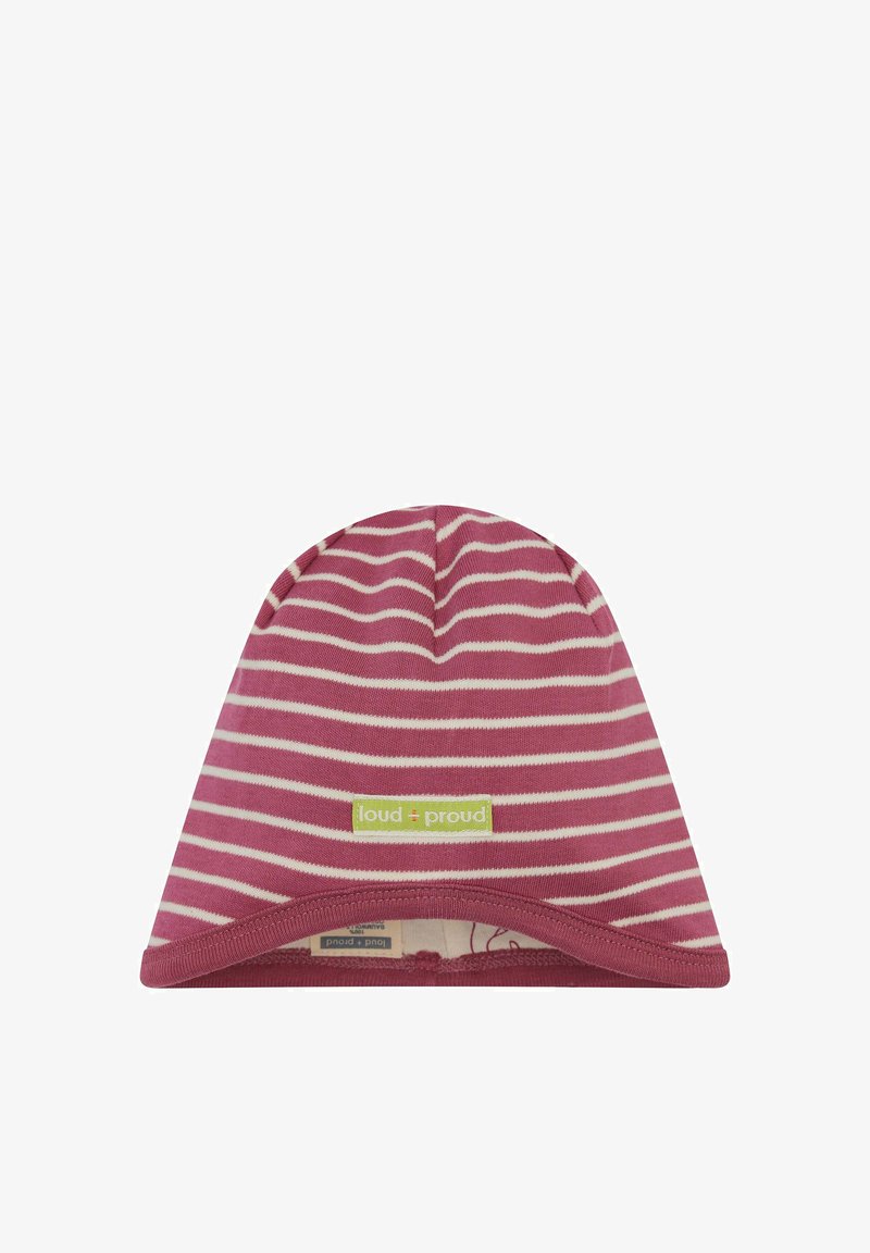 Berretto a strisce in rosa e crema, realizzato in tessuto morbido. Presenta un'etichetta verde con il logo "loud + proud". Texture liscia, vestibilità aderente.