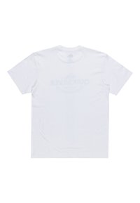 Camiseta de algodón blanca con mangas cortas, que presenta un sutil diseño de logo en la parte posterior. Textura suave, forma de cuello redondo estándar.
