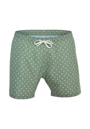 Caleçon de bain vert à pois blancs avec un cordon blanc à la taille élastique.