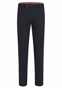 Pantalon noir à coupe slim, fabriqué en mélange de coton. Doté d'une fermeture à bouton et d'une taille à motif pour un détail supplémentaire.