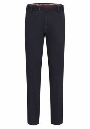 Schwarze Hose im Slim-Fit-Design, aus einer Baumwollmischung gefertigt. Verfügt über einen Knopfverschluss und einen gemusterten Bund für zusätzliche Details.