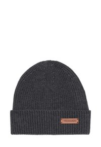 Szara dzianinowa czapka z prążkowaną fakturą, z podwiniętym mankietem i małą brązową skórzaną metką z wytłoczonym napisem "TRUSSARDI".