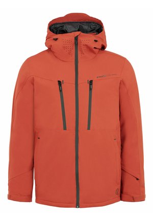 Veste imperméable orange avec fermeture éclair sur le devant, deux poches poitrine et capuche réglable. Comprend des trous de ventilation et des poignets élastiques.