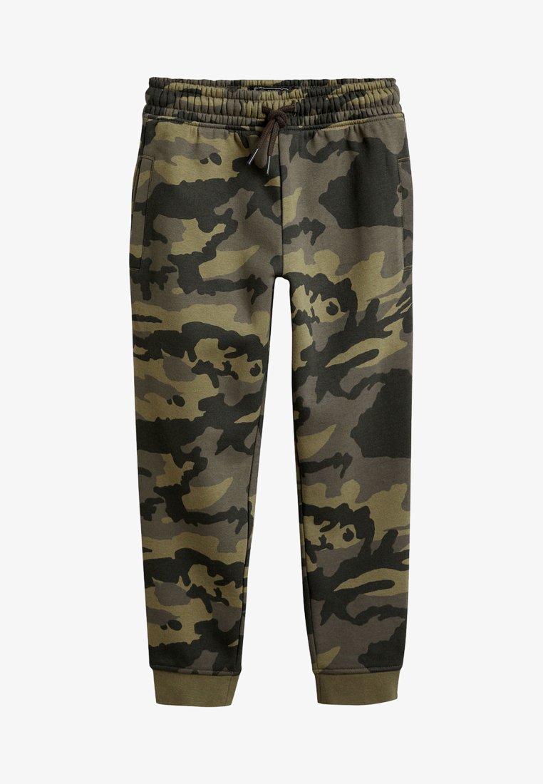 Pantaloni felpati mimetici in toni di verde e marrone terroso, con vita regolabile e polsini aderenti per una vestibilità comoda.