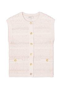 Gilet en tricot rose clair avec un col rond, des manches courtes, une fermeture à boutons à l'avant et deux poches avant, présentant des boutons décoratifs dorés et un motif texturé.