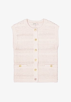 Lichtroze gebreide vest met een ronde halslijn, korte mouwen, een knopenront, en twee voorkeurszakken, met decoratieve gouden knopen en een gestructureerd patroon.