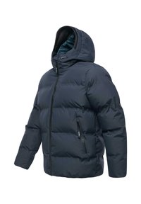 Giacca puffer blu navy con chiusura zip, cappuccio e due tasche laterali con zip. Presenta pannelli cuciti e una texture liscia e lucida.