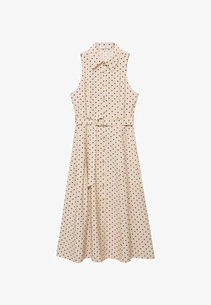 Vestido sin mangas beige con cuello tipo camisa, estampado de puntos negros, botones frontales y un cinturón atado a la cintura, con un diseño de falda acampanada.