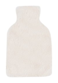 Witte nepbont hoes voor een warmwaterkruik, zachte textuur, rechthoekige vorm met afgeronde hoeken, met een gladde buitenkant en zonder zichtbare bevestigingen.