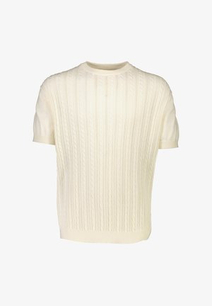 Maglione crema a maniche corte con un design a treccia testurizzata, dotato di un collo e polsini a costine e un orlo dritto.