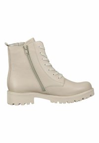 Beige leather ankle boot with a textured finish, featuring a side zipper, front laces, and a chunky sole with treads for grip.