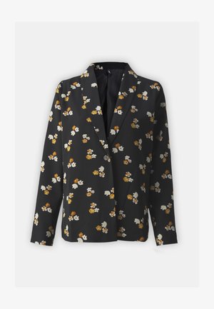 Blazer negro con un patrón floral en blanco, amarillo y naranja, con solapa de muesca y cierre de un botón. Tejido texturizado.