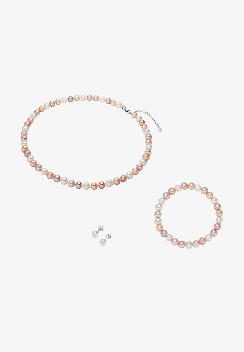 Pärlite komplekt, mis sisaldab kaelaehe ja käevõru mitmevärviliste pärlitega roosast, kreemjast ja hõbedasest, pluss hõbedased kinnituskingad.