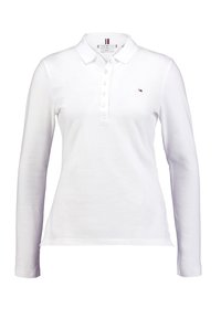 White long-sleeve polo shirt made of cotton with a collared neckline, button placket, and a small embroidered logo on the left chest.