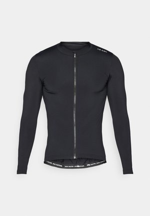 Maillot de cyclisme à manches longues noir avec fermeture éclair frontale, en tissu lisse. Présente un col arrondi et un texte réfléchissant sur l'épaule.